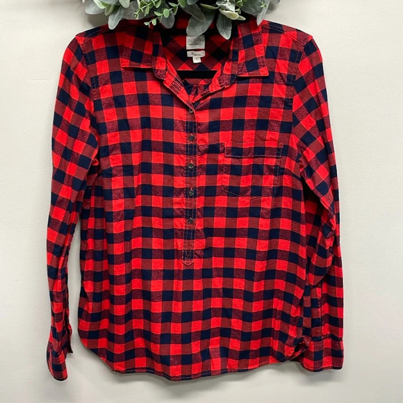 NWOT J. Crew Perfect Fit Popover Long Sleeve Flannel Buffalo Plaid Top M - Picture 1 of 16